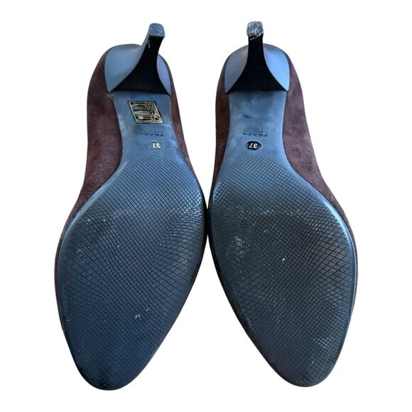 PRADA Brown Suede Black Patent Leather Cap Toe Pumps Heels Size EU 37 - Picture 9 of 10